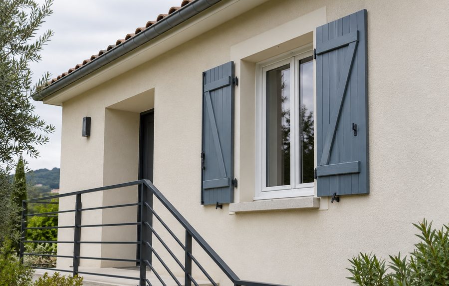 Façade de maison enduite en beige avec volets bois peints en gris-bleu et garde-corps métallique.