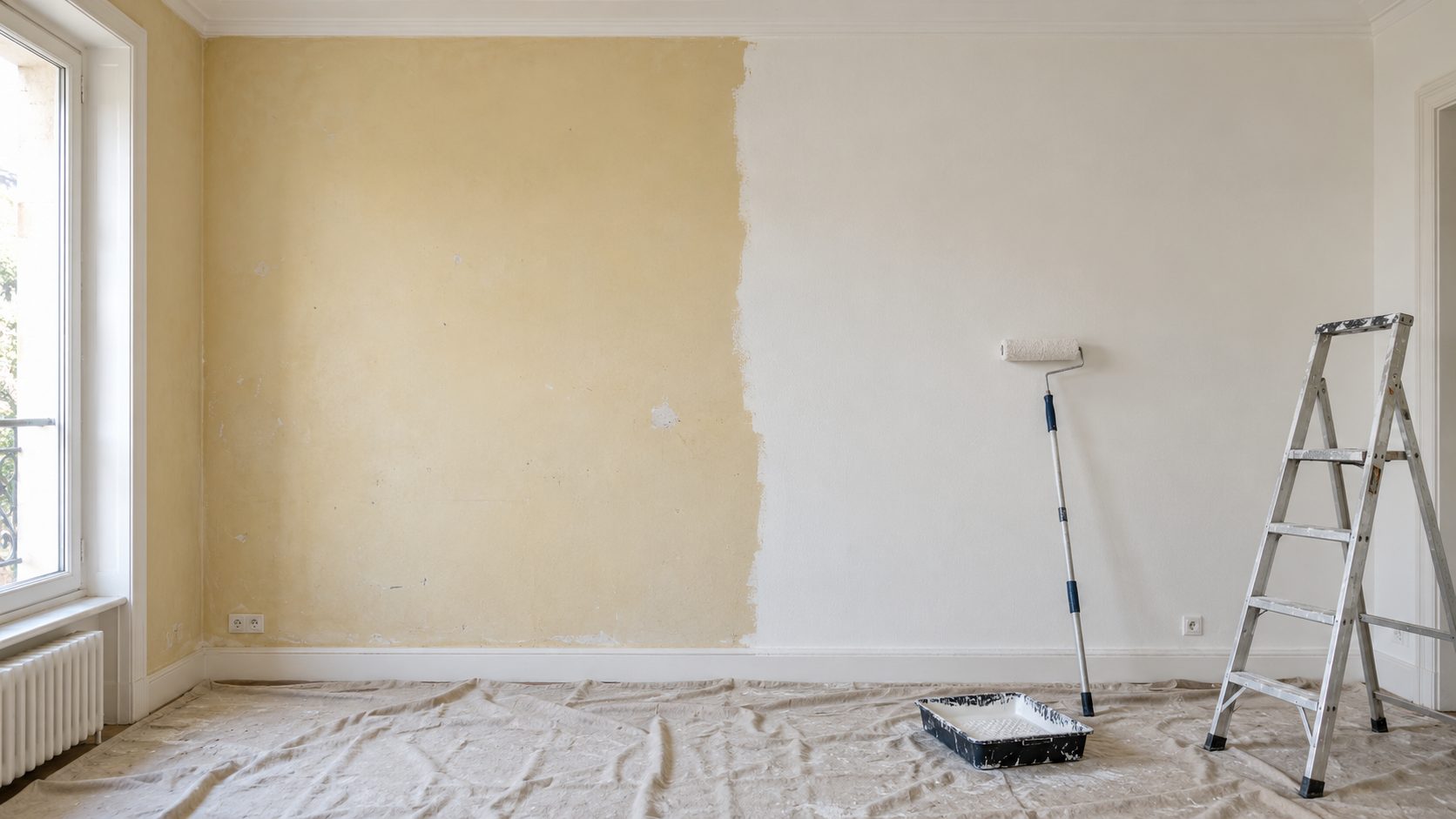 Mur de séjour en cours de mise en peinture : moitié en ancienne teinte jaune, moitié en blanc frais, rouleau, bac et escabeau posés sur une bâche de protection.