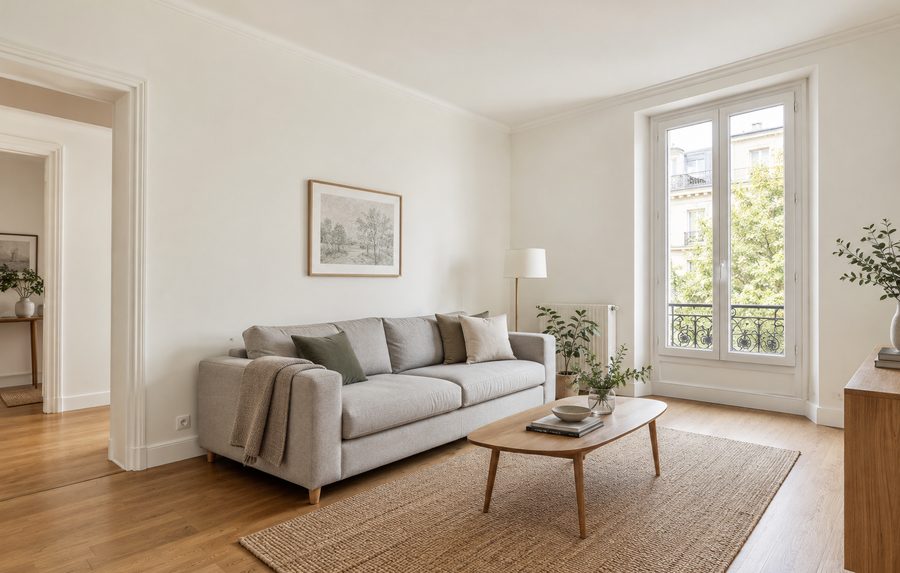 Séjour repeint en blanc, plinthes et encadrements nets, parquet clair.